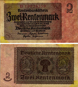 ГЕРМАНИЯ 2 РЕНТЕНМАРКИ 1937 30 ЯНВАРЯ 1937, ВЕЙМАРСКАЯ РЕСПУБЛИКА, ВОСЕМЬ ЦИФР В НОМЕРЕ СЕРИИ, СЕРИЯ B Pick 174b, Rosenberg 167b бумага 6299-49-2-1