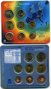 Испания евронабор из 8 монет 2003 1, 2, 5, 10, 20, 50 евроцентов, 1, 2 евро, запайка в блистере KM 1040, 1041, 1042, 1043, 1044, 1045, 1046, 1047 UNC 06-081-31