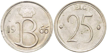Бельгия 25 сантимов 1966 Belgie, Бодуэн I (1951-1993) KM 154.1 медно-никель 201-1251