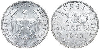 Германия 200 марок 1923 A KM 35, J. 304, Weege 22 алюминий 4604-547