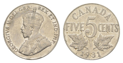 Канада 5 центов 1931 Георг V (1910-1936) KM 29 никель 4651-333