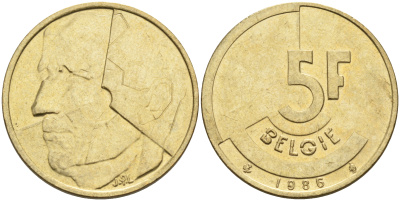 Бельгия 5 франков 1986 Belgie KM 164 алюминиевая бронза    4595-542