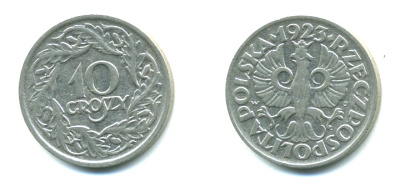 ПОЛЬША 10 ГРОШЕЙ 1923 KM 11 никель 4383-161