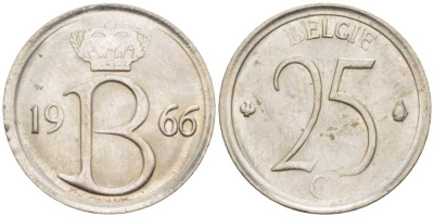 Бельгия 25 сантимов 1966 Belgie, Бодуэн I (1951-1993) KM 154.1 медно-никель 201-1251