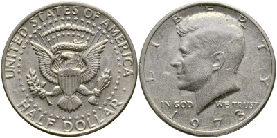 США 1/2 доллара (50 центов) 1973 Джон Кеннеди KM 202b медь плакированная медно-никелем 413-4345