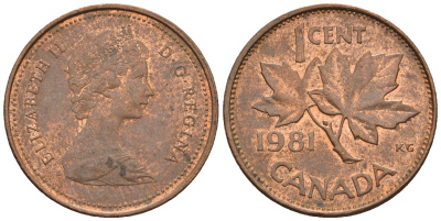 Канада 1 цент 1981 Елизавета II (1952-2022), кленовый лист KM 127 бронза 4609-161