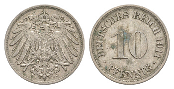 Германия 10 пфеннигов 1911 F, Вильгельм II (1888-1918) KM 12, J. 13 медно-никель 4640-319