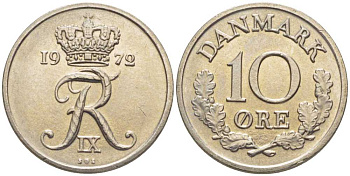 ДАНИЯ 10 ЭРЕ 1972 S;S, ФРЕДЕРИК IX (1947-1972) KM 849.2 медно-никель 201-1232