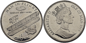 Остров Мэн 1 крона 1995 человек в полете, самолет братьев Райт КМ 437 медно-никель UNC M91-05