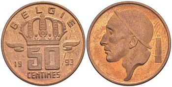 БЕЛЬГИЯ 50 САНТИМОВ 1993 BELGIE, БОДУЭН I (1951-1993) KM 149.1 бронза 214-656