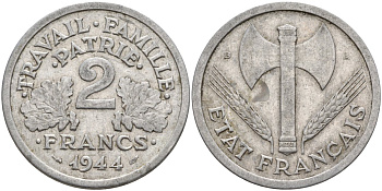 Франция 2 франка 1944 B, Правительство Виши KM 904.1 алюминий 4144-336