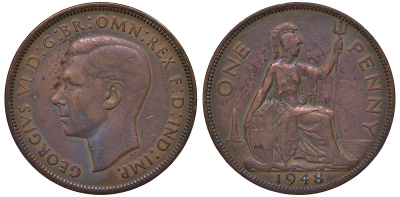Великобритания 1 пенни 1948 Георг VI (1936-1952) KM 845, Spink 4114 бронза 4131-443
