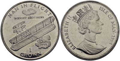 Остров Мэн 1 крона 1995 человек в полете, самолет братьев Райт КМ 437 медно-никель UNC M91-05