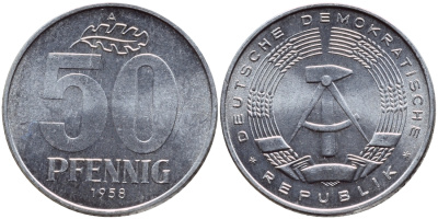 ГДР 50 ПФЕННИГОВ 1958 А KM 12.1 алюминий UNC 76-743