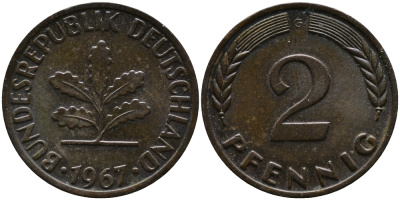 ФРГ 2 пфеннига 1967 G KM 106, J. 381 бронза 99-151