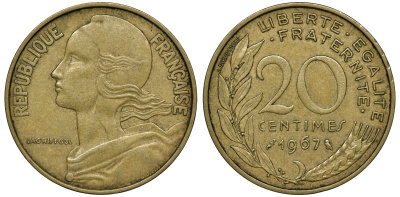ФРАНЦИЯ 20 САНТИМОВ 1967 KM 930 медь алюминий никель 72-633
