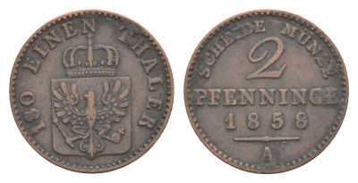 Пруссия 2 пфеннига 1858 A, Фридрих Вильгельм IV (1840-1861) KM 452, Jaeger 51, Olding 336, AKS 91 медь 4651-253