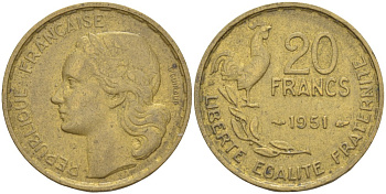 ФРАНЦИЯ 20 ФРАНКОВ 1951 ПЕТУХ, 4 ПЕРА KM 917.2, LE FRANC 402.8 алюминиевая бронза 4525-1022