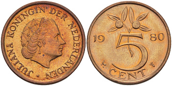 Нидерланды 5 центов 1980 Юлиана (1948-1980) KM 181 бронза aUNC 31-942