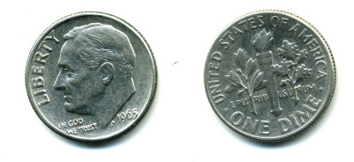 США 10 ЦЕНТОВ = 1 ДАЙМ 1965 РУЗВЕЛЬТ KM 195a медь плакированная медно-никелем 76-237