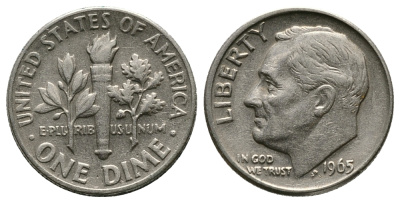 США 10 ЦЕНТОВ = 1 ДАЙМ 1965 РУЗВЕЛЬТ KM 195а медь плакированная медно-никелем 89-633