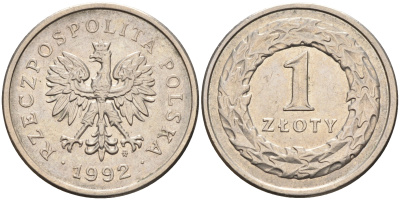 ПОЛЬША 1 ЗЛОТЫЙ 1992 MW KM 282 медно-никель 4592-442