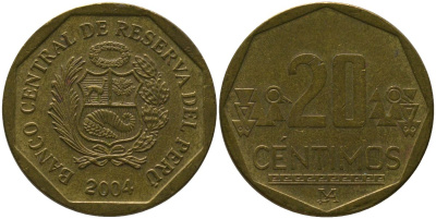 Перу 20 сентимо 2004 LIMA KM 306.4, Schon 105 латунь 4543-1131