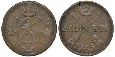 Швеция 2 эре 1765 S.M. Адольф Фредерик (1751-1771) диаметр 34 мм, вес 28,3 гр KM 461 медь 4179-332