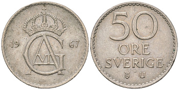 Швеция 50 эре 1967 U, Густав VI Адольф (1950-1973) KM 837 медно-никель 4618-118