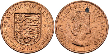 Джерси 1/12 шиллинга 1966 900 лет Нормандскому завоеванию KM 26 бронза UNC 4512-324