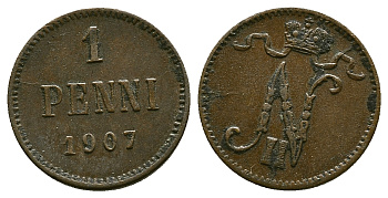РОССИЯ ДЛЯ ФИНЛЯНДИИ 1 ПЕННИ 1907 НИКОЛАЙ II, WITHOUT SERIF ON 7 ARM KM 13, Биткин 468 медь 4383-443