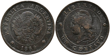Аргентина 1 сентаво 1889 голова Свободы влево KM 7 бронза 4525-1027