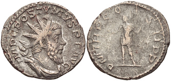 Римская Империя (императоры в Галлии) антониниан 261 Постум. IMP C POSTVMVS P F AVG / P M TR P COS II P P, император в военном доспехе, держит копье и сферу, Августа Треверов, Good Very fine RIC 54 биллон 1073-12-37