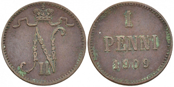 Россия для Финляндии 1 пенни 1909 Николай II (1894-1917) KM 13, Биткин 470 медь 4396-1311