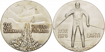 Финляндия 25 марок 1978 K-N, 21 Чемпионат мира по лыжным видам спорта 1978 в Лахти KM 56 серебро UNC 1515-1241