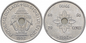 Лаос 20 центов 1952 король Сисаванг Вонг (1904-1959), слоны KM 5 алюминий 4545-433