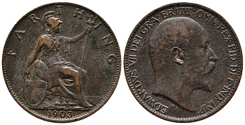 Великобритания 1 фартинг 1903 Эдуард VII (1901-1910), KM 792, Spink 3992 бронза 117-412
