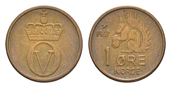 Норвегия 1 эре 1967 Улаф V (1957-1991) KM 403 бронза 4632-1118