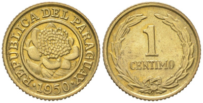 Парагвай 1 сентимо 1950 KM 20 алюминиевая бронза aUNC 4380-144