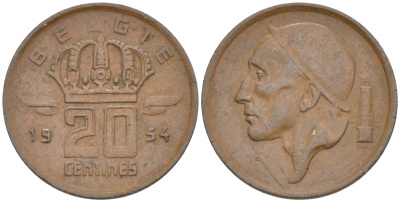 Бельгия 20 сантимов 1954 Belgie, Бодуэн I (1951-1993) KM 147.1 бронза 214-121