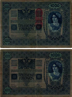 АВСТРИЯ 1000 КРОН 1919 КРАСНАЯ ВЕРТИКАЛЬНАЯ НАДПЕЧАТКА НА 1902 Pick 59 бумага 7219-45-1