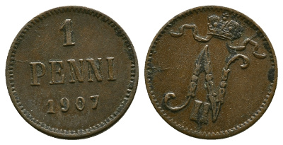 РОССИЯ ДЛЯ ФИНЛЯНДИИ 1 ПЕННИ 1907 НИКОЛАЙ II, WITHOUT SERIF ON 7 ARM KM 13, Биткин 468 медь 4383-443