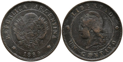 Аргентина 1 сентаво 1889 голова Свободы влево KM 7 бронза 4525-1027