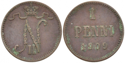 Россия для Финляндии 1 пенни 1909 Николай II (1894-1917) KM 13, Биткин 470 медь 4396-1311