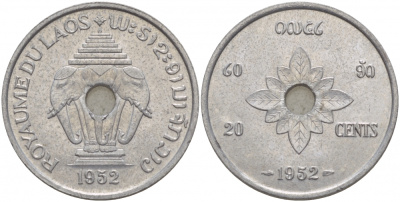 Лаос 20 центов 1952 король Сисаванг Вонг (1904-1959), слоны KM 5 алюминий 4545-433