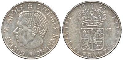 Швеция 1 крона 1957 TS, Густав VI Адольф (1950-1973) KM 826 серебро 4178-736