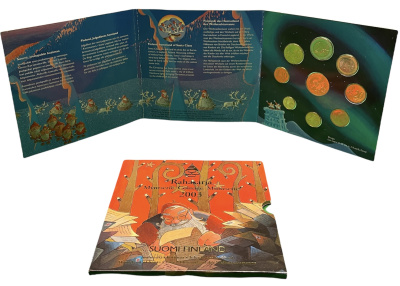 Финляндия евронабор из 8 монет + жетон 2003 Санта-Клаус, официальный набор в оригинальном буклете  биметалл  UNC  7-5-6-06