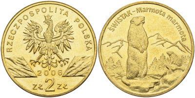 Польша 2 злотых 2006 MW, серия всемирная природа, альпийский сурок KM 534, Parchimowicz 988 нордик UNC 4676-337