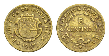 Коста-Рика 5 сентимо 1947 KM 179 латунь 4644-316