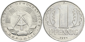ГДР 1 ПФЕННИГ 1975 А KM 8.1 алюминий 4396-817